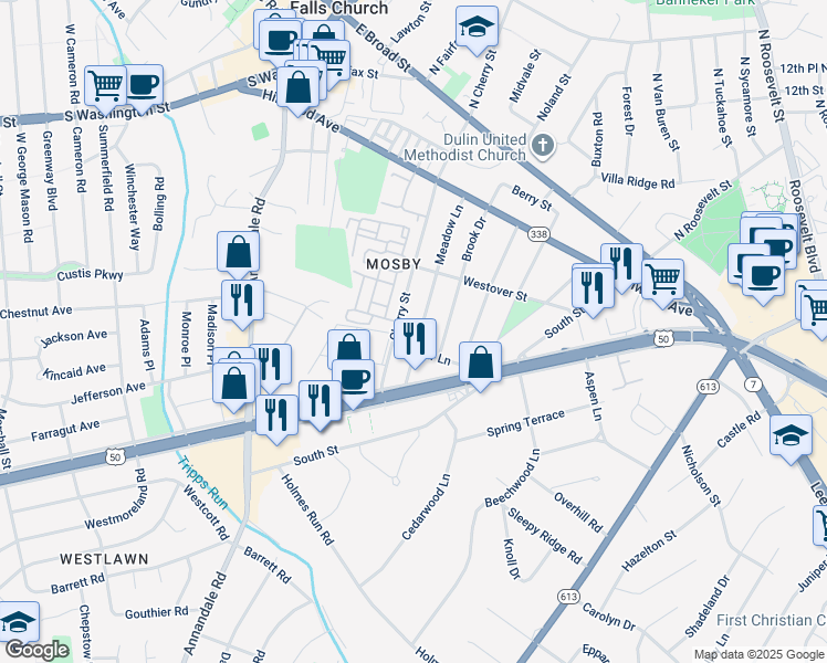 map of restaurants, bars, coffee shops, grocery stores, and more near 2916 Meadow Lane in Falls Church