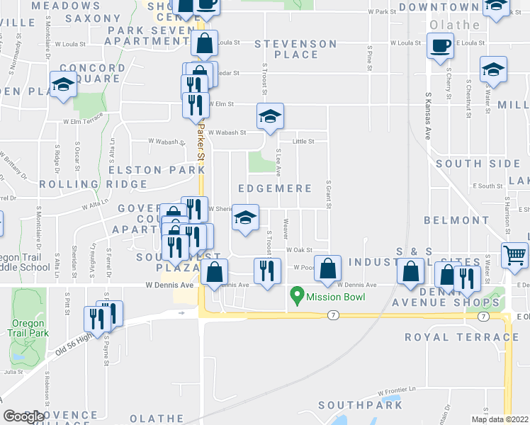 map of restaurants, bars, coffee shops, grocery stores, and more near 800 South Troost Street in Olathe