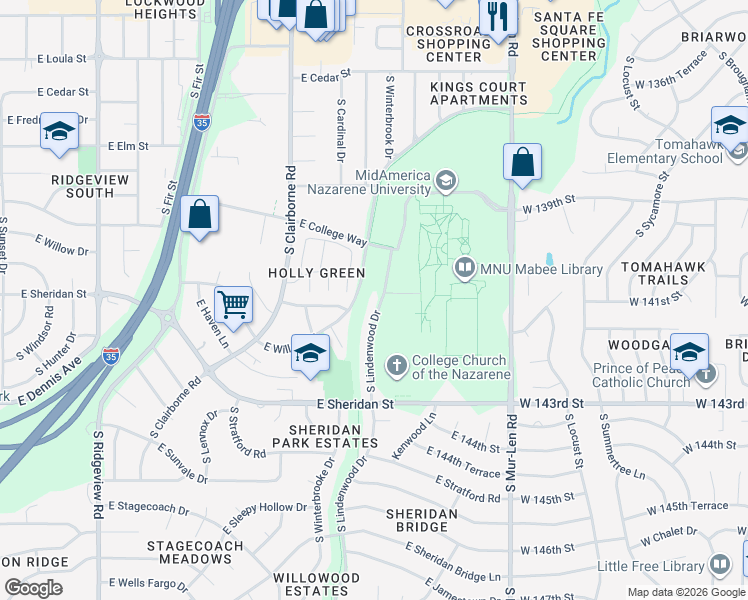 map of restaurants, bars, coffee shops, grocery stores, and more near 801 South Lindenwood Drive in Olathe