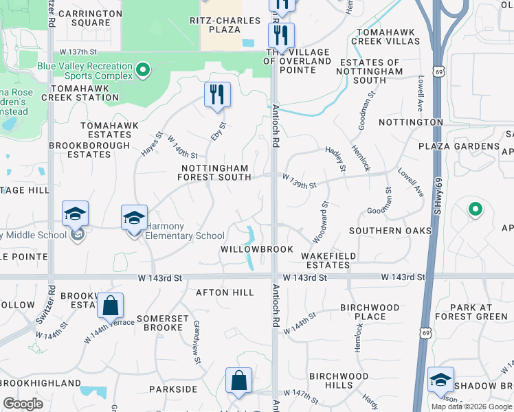 map of restaurants, bars, coffee shops, grocery stores, and more near 14134 Slater Street in Overland Park