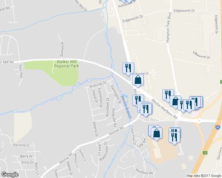map of restaurants, bars, coffee shops, grocery stores, and more near 1209 Darlington Street in District Heights