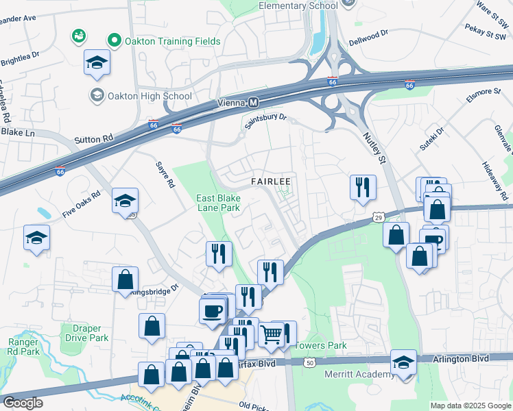 map of restaurants, bars, coffee shops, grocery stores, and more near 9491 Linden Leaf Court in Fairfax