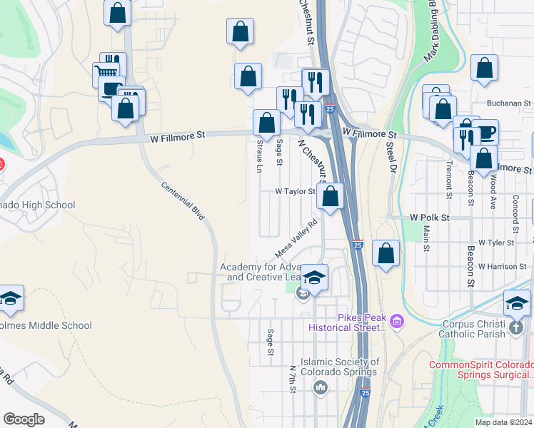 map of restaurants, bars, coffee shops, grocery stores, and more near 2807 Straus Lane in Colorado Springs
