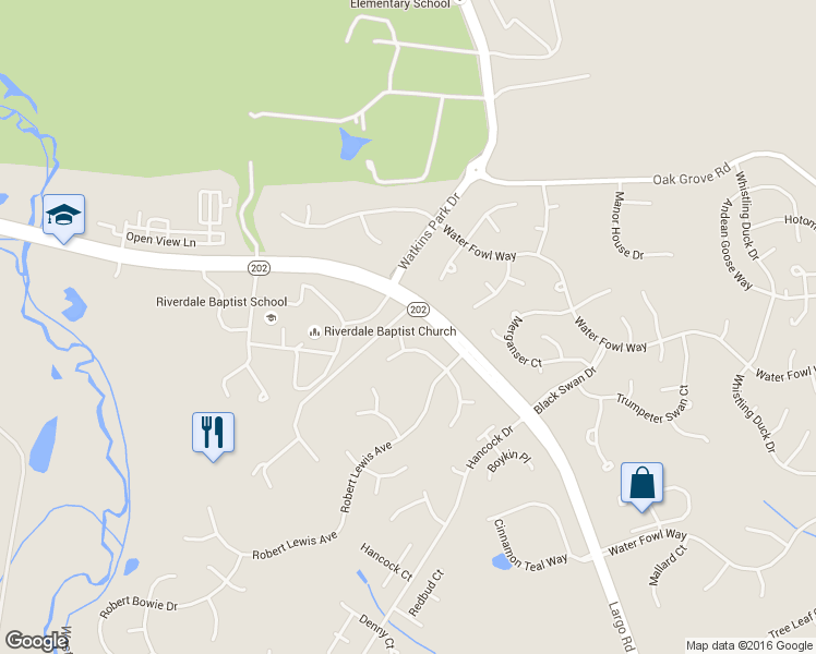 map of restaurants, bars, coffee shops, grocery stores, and more near 1202 Blithe Court in Upper Marlboro