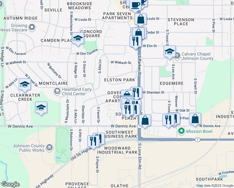 map of restaurants, bars, coffee shops, grocery stores, and more near 1125 West Sheridan Street in Olathe