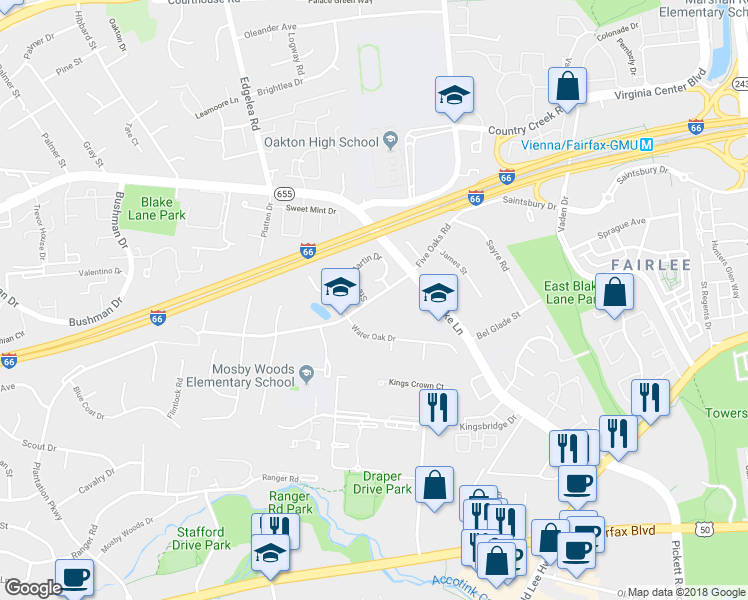map of restaurants, bars, coffee shops, grocery stores, and more near 9743 Five Oaks Road in Fairfax