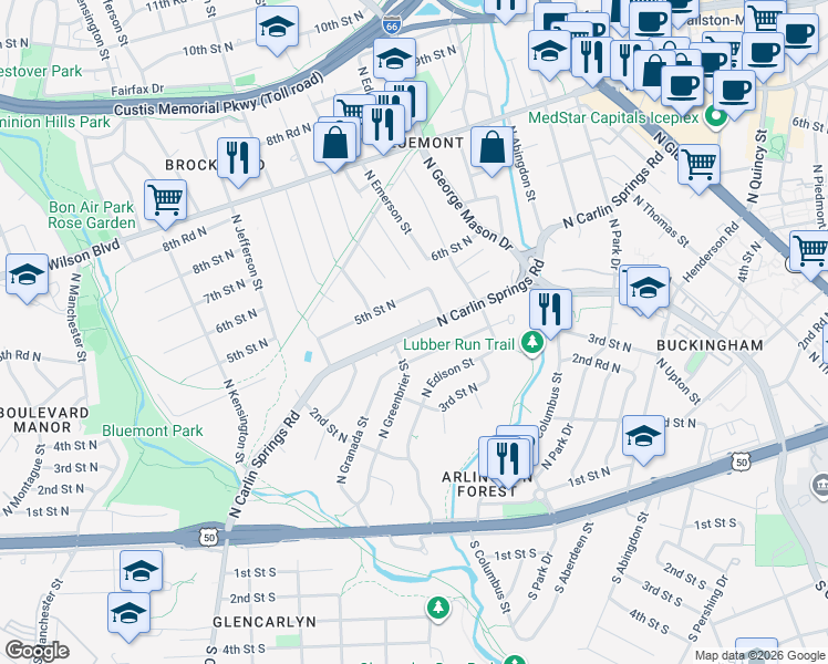 map of restaurants, bars, coffee shops, grocery stores, and more near 5300 North Carlin Springs Road in Arlington