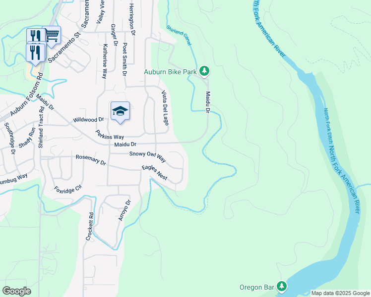 map of restaurants, bars, coffee shops, grocery stores, and more near 3045 Eagles Nest in Auburn