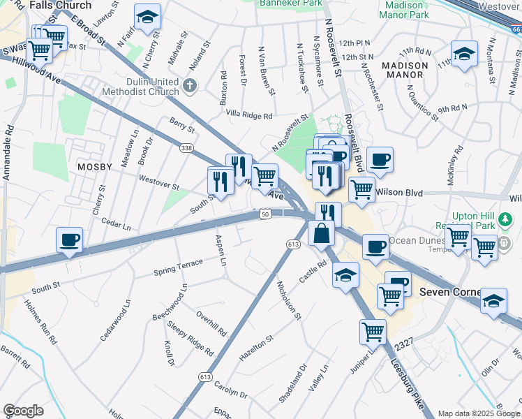 map of restaurants, bars, coffee shops, grocery stores, and more near in West Falls Church