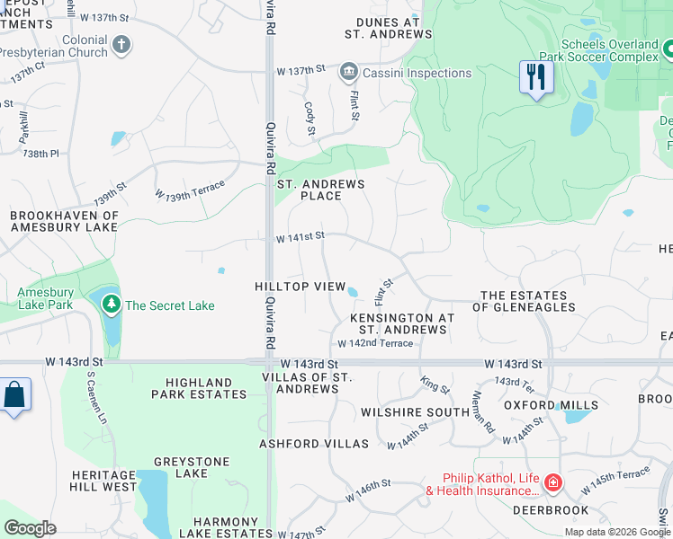 map of restaurants, bars, coffee shops, grocery stores, and more near 14119 Cody Street in Overland Park