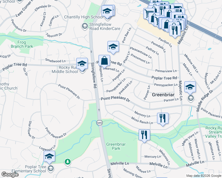 map of restaurants, bars, coffee shops, grocery stores, and more near 13310 Pennypacker Lane in Fairfax