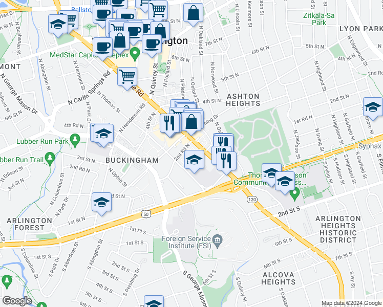 map of restaurants, bars, coffee shops, grocery stores, and more near 4220 2nd Road North in Arlington