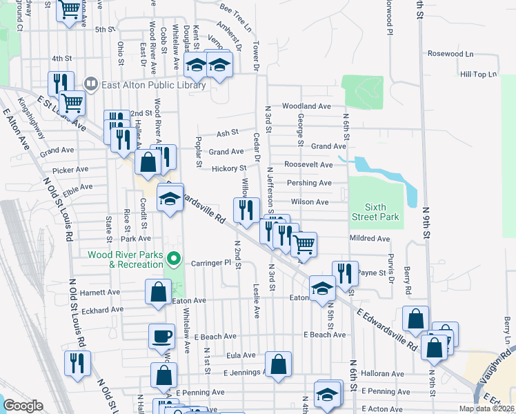 map of restaurants, bars, coffee shops, grocery stores, and more near 912 Cedar Drive in Wood River