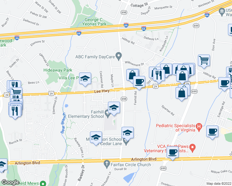 map of restaurants, bars, coffee shops, grocery stores, and more near 2964 Nipper Way in Fairfax