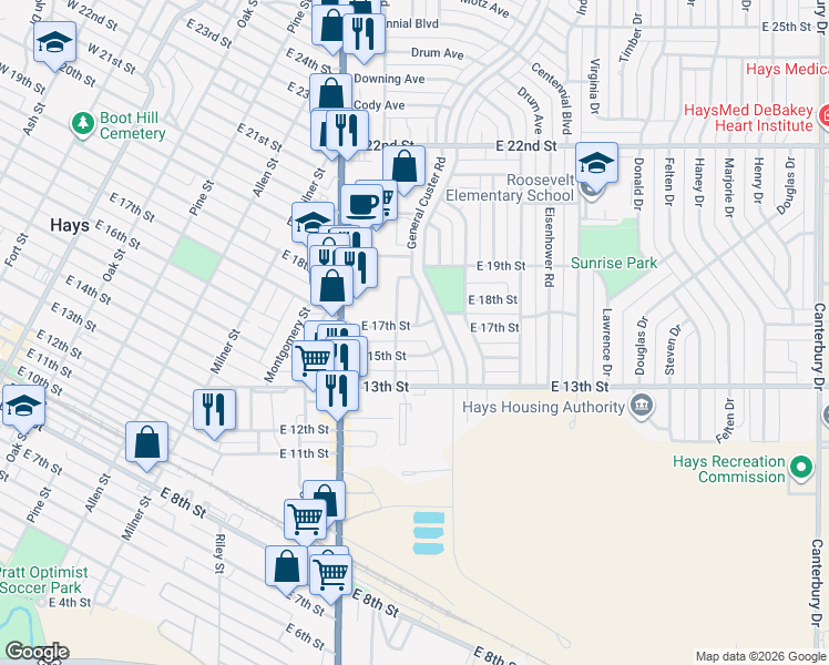 map of restaurants, bars, coffee shops, grocery stores, and more near 1104 East 17th Street in Hays
