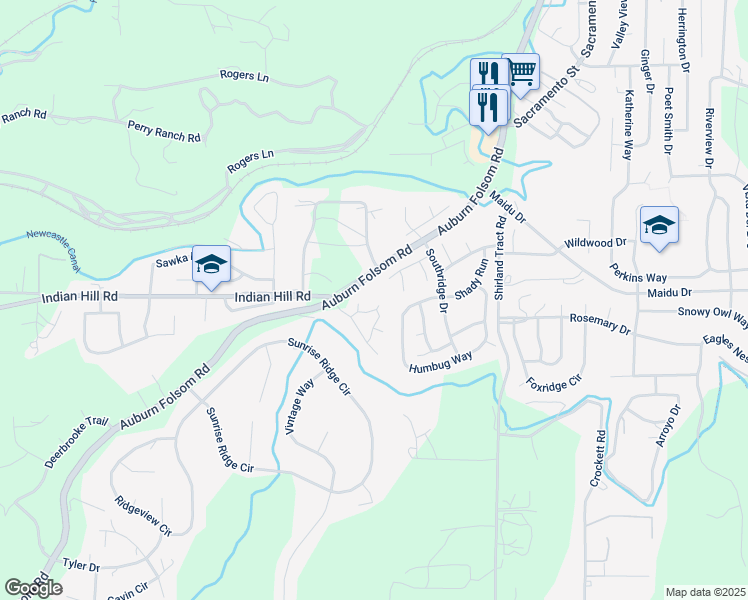 map of restaurants, bars, coffee shops, grocery stores, and more near 10917 Sluice Box Circle in Auburn