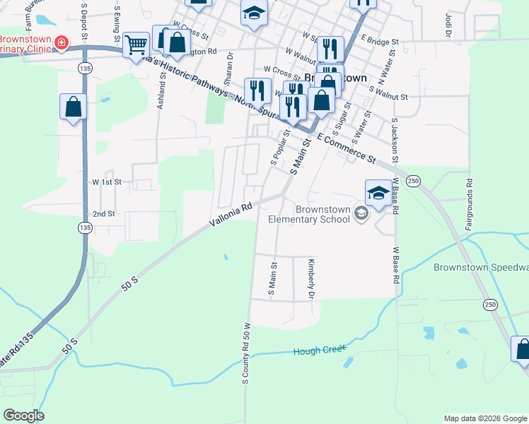 map of restaurants, bars, coffee shops, grocery stores, and more near 803 South Poplar Street in Brownstown
