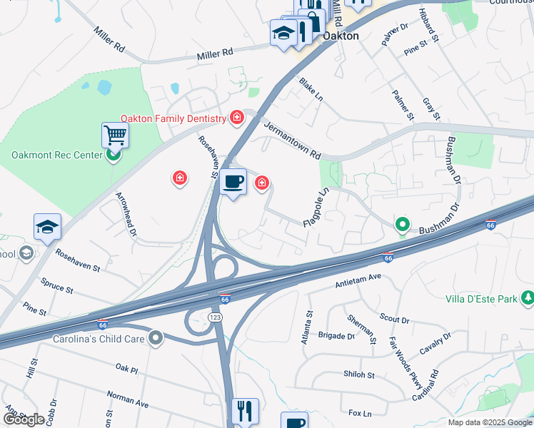 map of restaurants, bars, coffee shops, grocery stores, and more near 10401 Graystone Court in Oakton