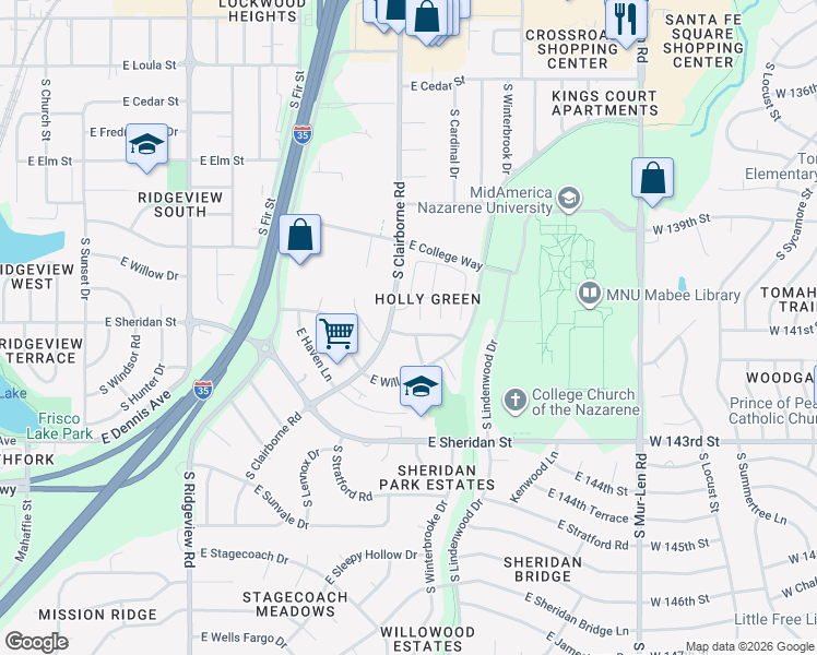 map of restaurants, bars, coffee shops, grocery stores, and more near 1620 East Penrose Lane in Olathe