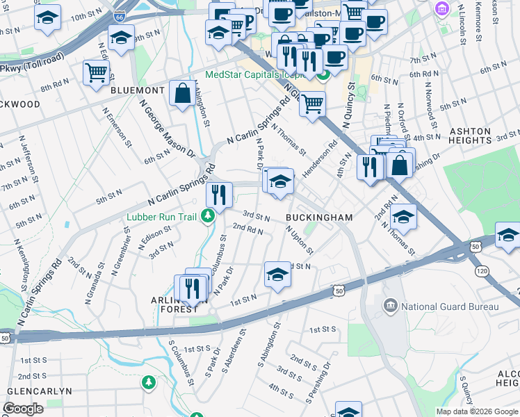 map of restaurants, bars, coffee shops, grocery stores, and more near 303 North Park Drive in Arlington