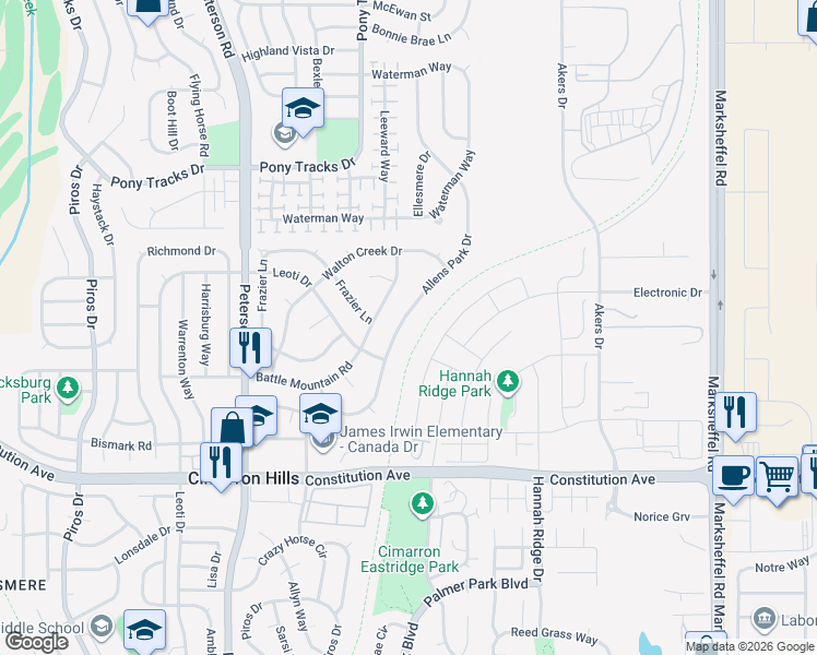 map of restaurants, bars, coffee shops, grocery stores, and more near 7150 Allens Park Drive in Colorado Springs