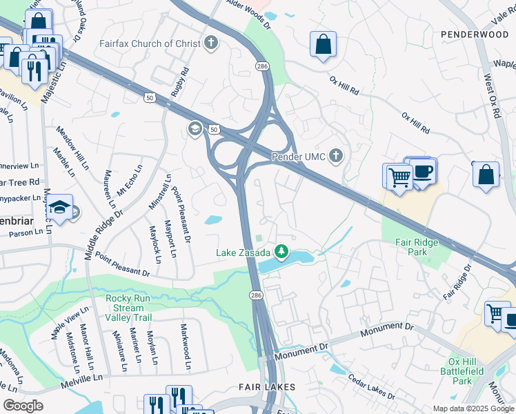 map of restaurants, bars, coffee shops, grocery stores, and more near 12620 Varny Place in Fairfax