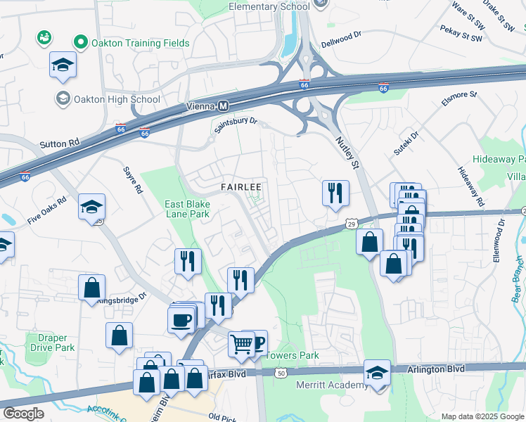 map of restaurants, bars, coffee shops, grocery stores, and more near 9610 Stockwell Lane in Fairfax
