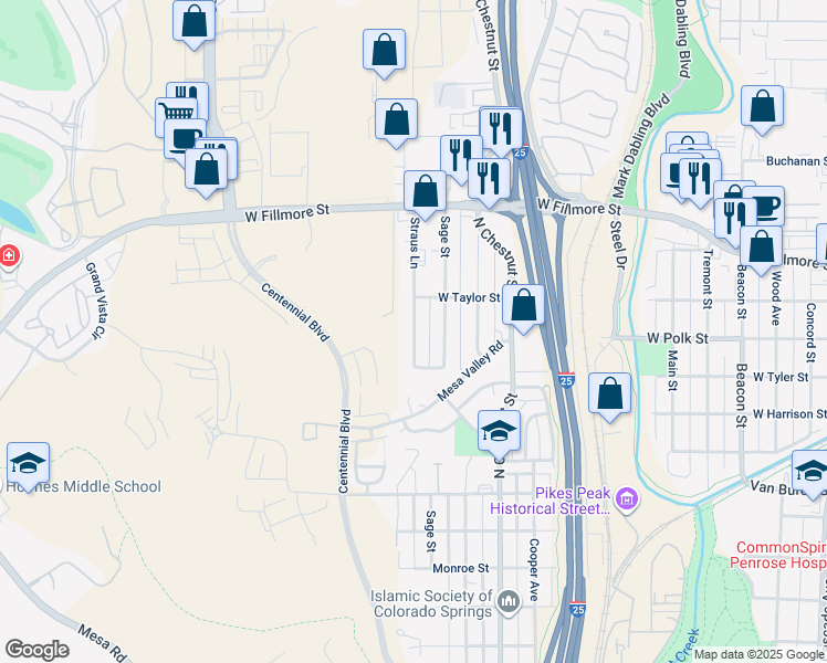 map of restaurants, bars, coffee shops, grocery stores, and more near 2807 Straus Lane in Colorado Springs