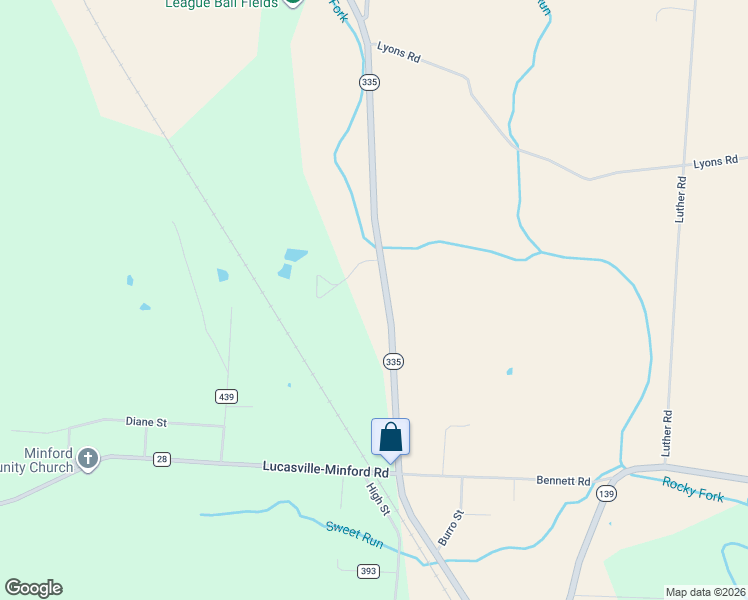 map of restaurants, bars, coffee shops, grocery stores, and more near 9749 Ohio 335 in Minford