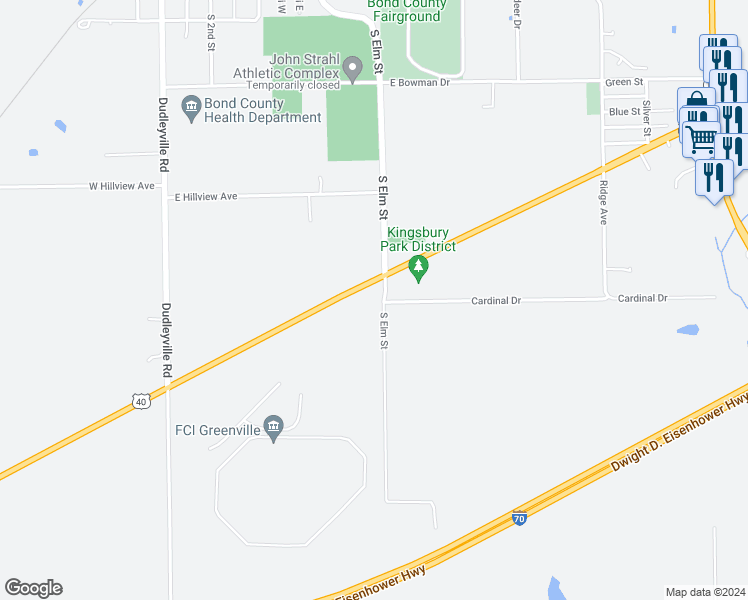 map of restaurants, bars, coffee shops, grocery stores, and more near 600 East City Route 40 in Greenville