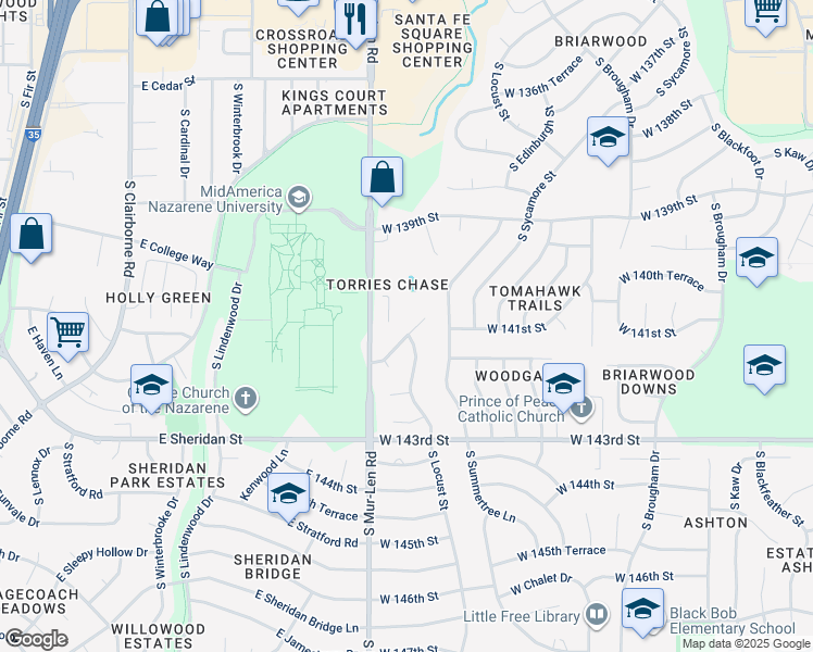 map of restaurants, bars, coffee shops, grocery stores, and more near 16501 West 141st Street in Olathe