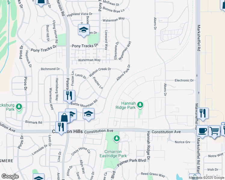 map of restaurants, bars, coffee shops, grocery stores, and more near 7165 Allens Park Drive in Colorado Springs