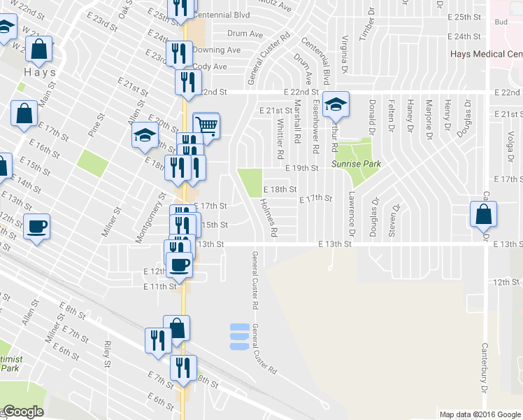 map of restaurants, bars, coffee shops, grocery stores, and more near 1511 Holmes Road in Hays