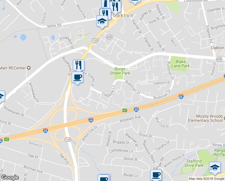 map of restaurants, bars, coffee shops, grocery stores, and more near Flagpole Lane in Oakton