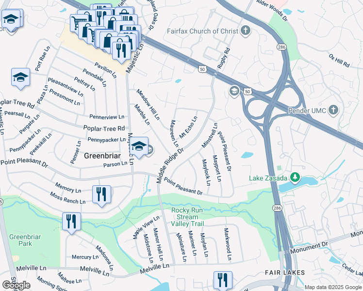 map of restaurants, bars, coffee shops, grocery stores, and more near 4124 Middle Ridge Drive in Fairfax