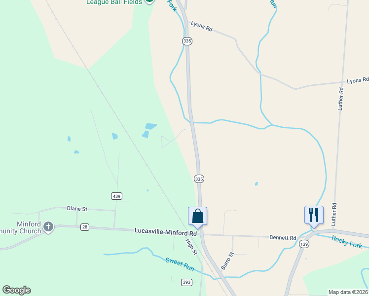 map of restaurants, bars, coffee shops, grocery stores, and more near 9749 Ohio 335 in Minford
