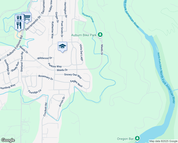 map of restaurants, bars, coffee shops, grocery stores, and more near 3045 Eagles Nest in Auburn