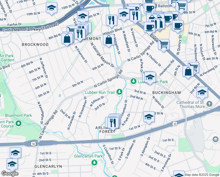 map of restaurants, bars, coffee shops, grocery stores, and more near 363 North Granada Street in Arlington