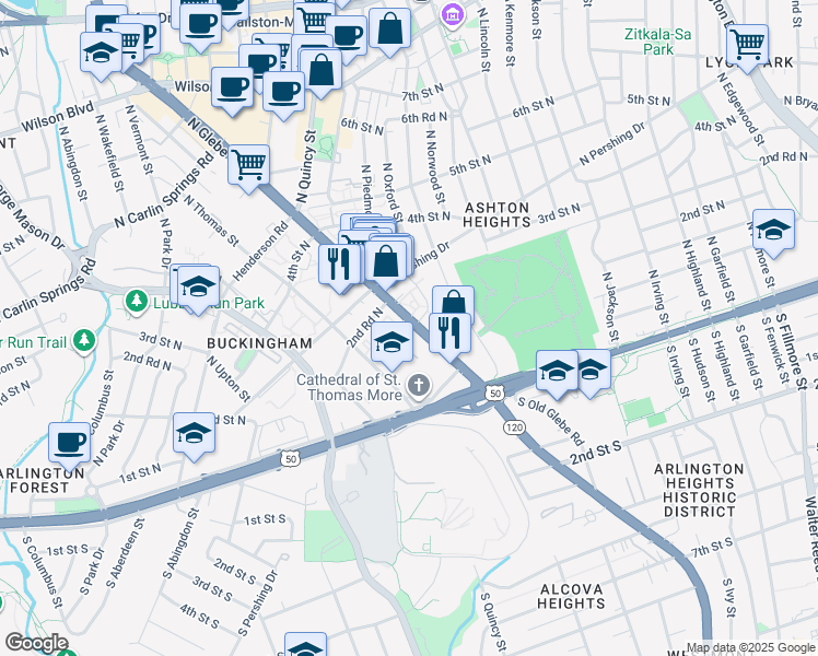 map of restaurants, bars, coffee shops, grocery stores, and more near 212 North Glebe Road in Arlington