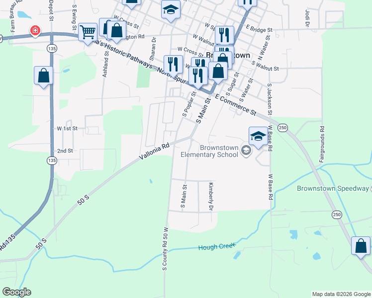 map of restaurants, bars, coffee shops, grocery stores, and more near 803 South Poplar Street in Brownstown