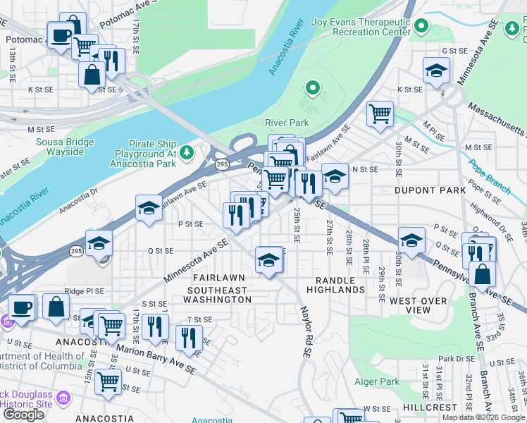 map of restaurants, bars, coffee shops, grocery stores, and more near 2306 Minnesota Avenue Southeast in Washington