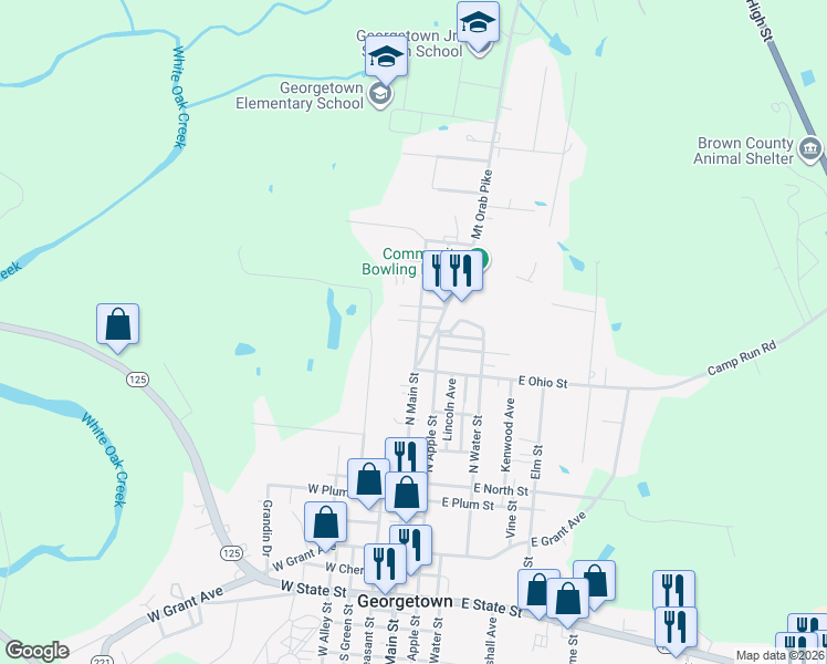 map of restaurants, bars, coffee shops, grocery stores, and more near 521 North Main Street in Georgetown