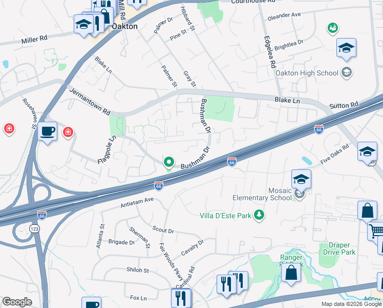 map of restaurants, bars, coffee shops, grocery stores, and more near 3114 Valentino Court in Oakton
