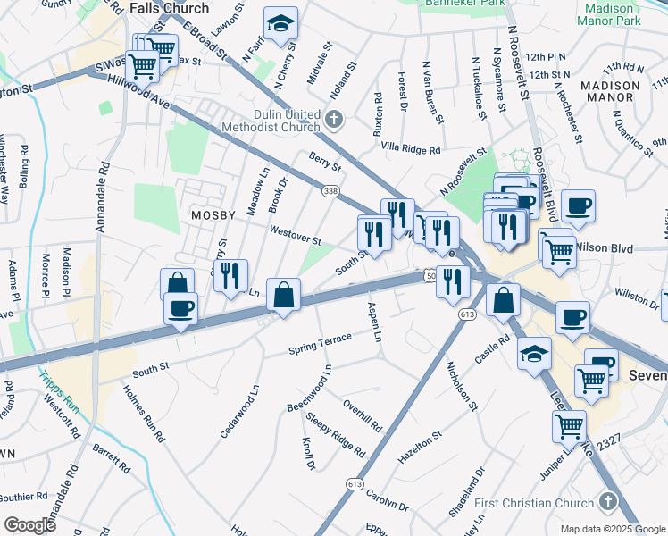 map of restaurants, bars, coffee shops, grocery stores, and more near 6432 South Street in Falls Church
