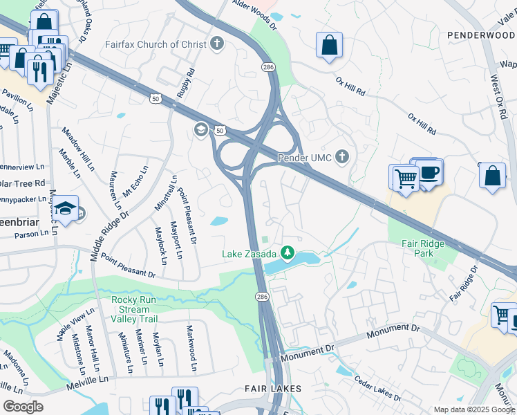 map of restaurants, bars, coffee shops, grocery stores, and more near 12618 Varny Place in Fairfax