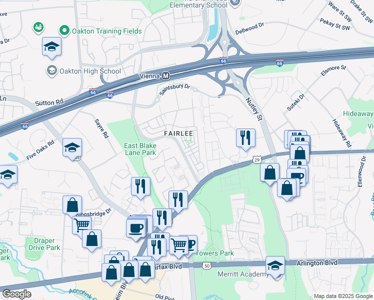 map of restaurants, bars, coffee shops, grocery stores, and more near 9486 Canonbury Square in Fairfax