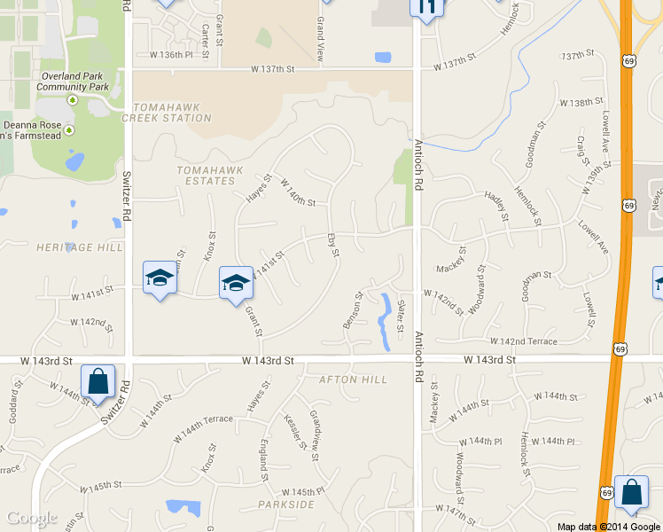 map of restaurants, bars, coffee shops, grocery stores, and more near 14112 Eby Street in Overland Park