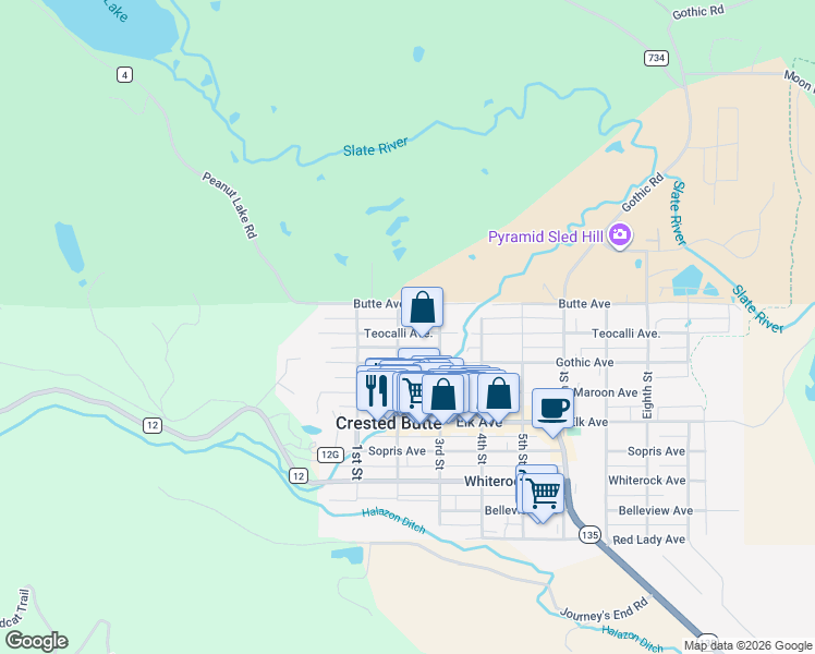 map of restaurants, bars, coffee shops, grocery stores, and more near 19 2nd Street in Crested Butte