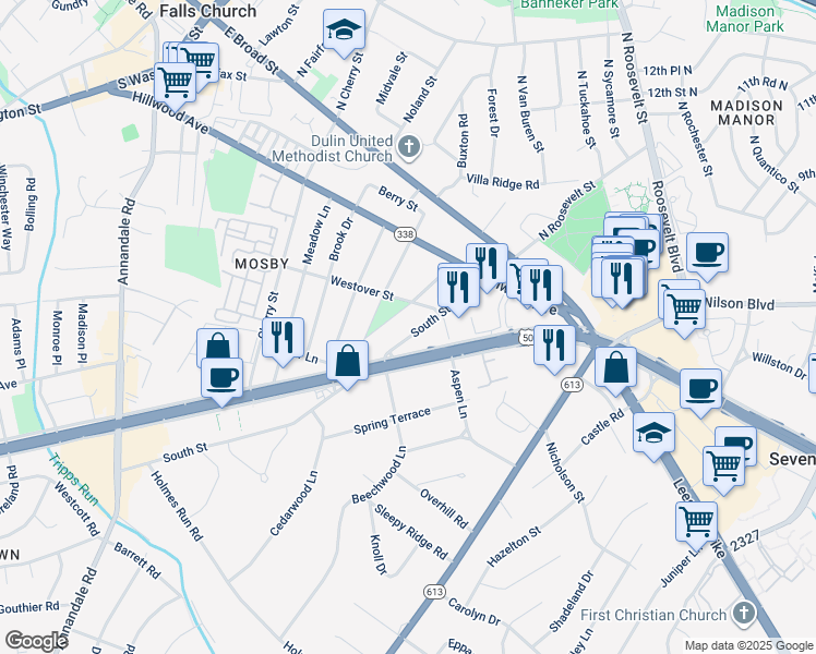 map of restaurants, bars, coffee shops, grocery stores, and more near 6432 South Street in Falls Church