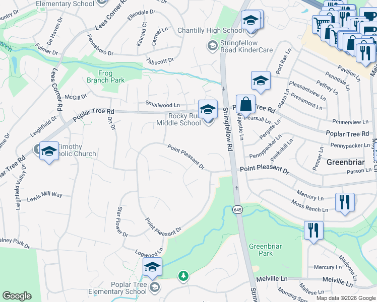map of restaurants, bars, coffee shops, grocery stores, and more near 13426 Point Pleasant Drive in Chantilly